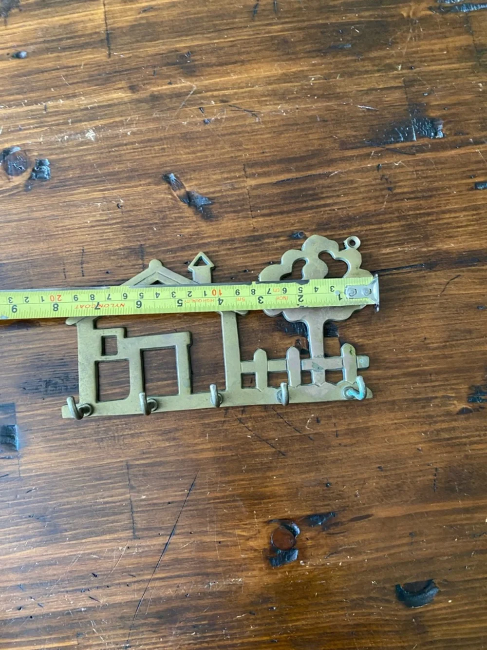 Vintage Solid Brass Wall Key Ring‎ Holder 5 Hook with House & Tree Design Taiwan